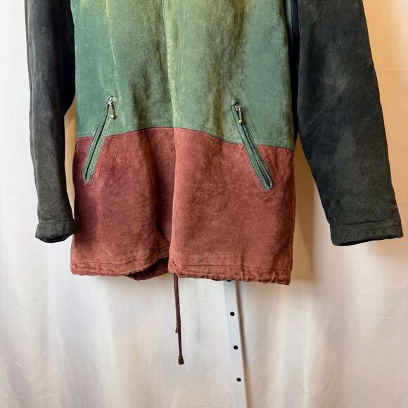 Outbrook VTG Y2K Suede Leather Colorblock Hooded Jacket Women’s L Green Rust - Picture 3 of 8